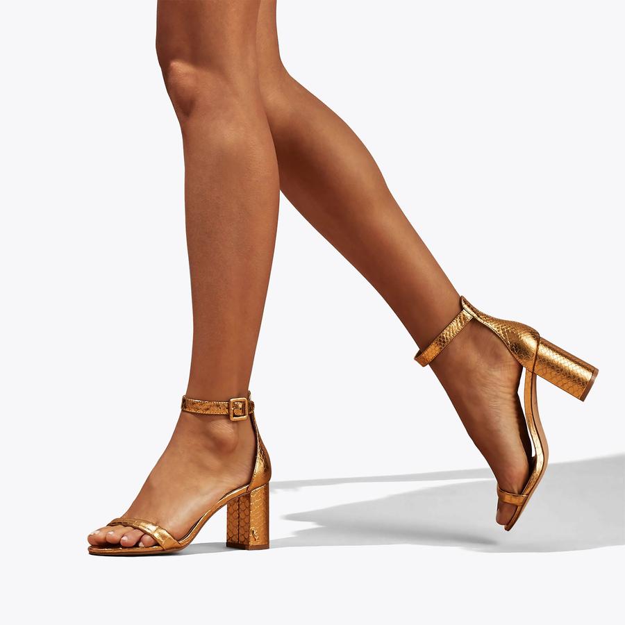 LANGLEY Gold Leather Snake Print Heel Sandals by KURT GEIGER LONDON