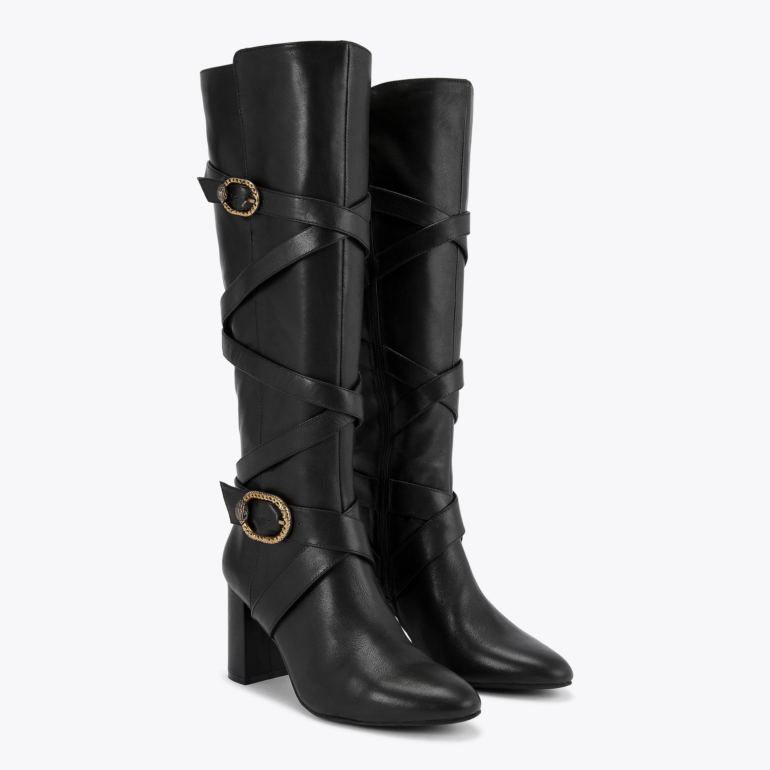 MAYFAIR STRAPPY KNEE BOOT Black Leather Knee High Boot by KURT GEIGER LONDON