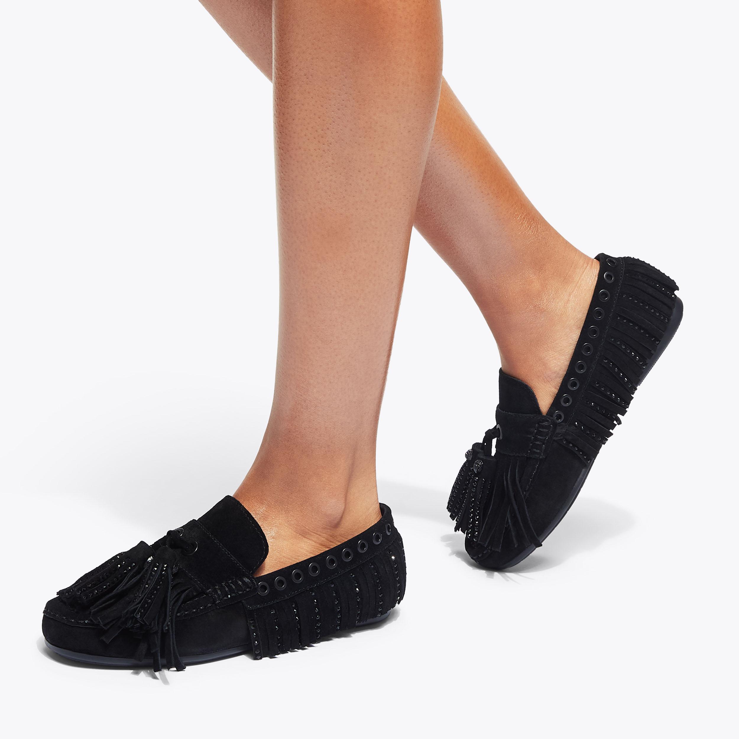 TASSEL FRINGE MOCCASIN Black Suede Slip On Shoes by KURT GEIGER LONDON