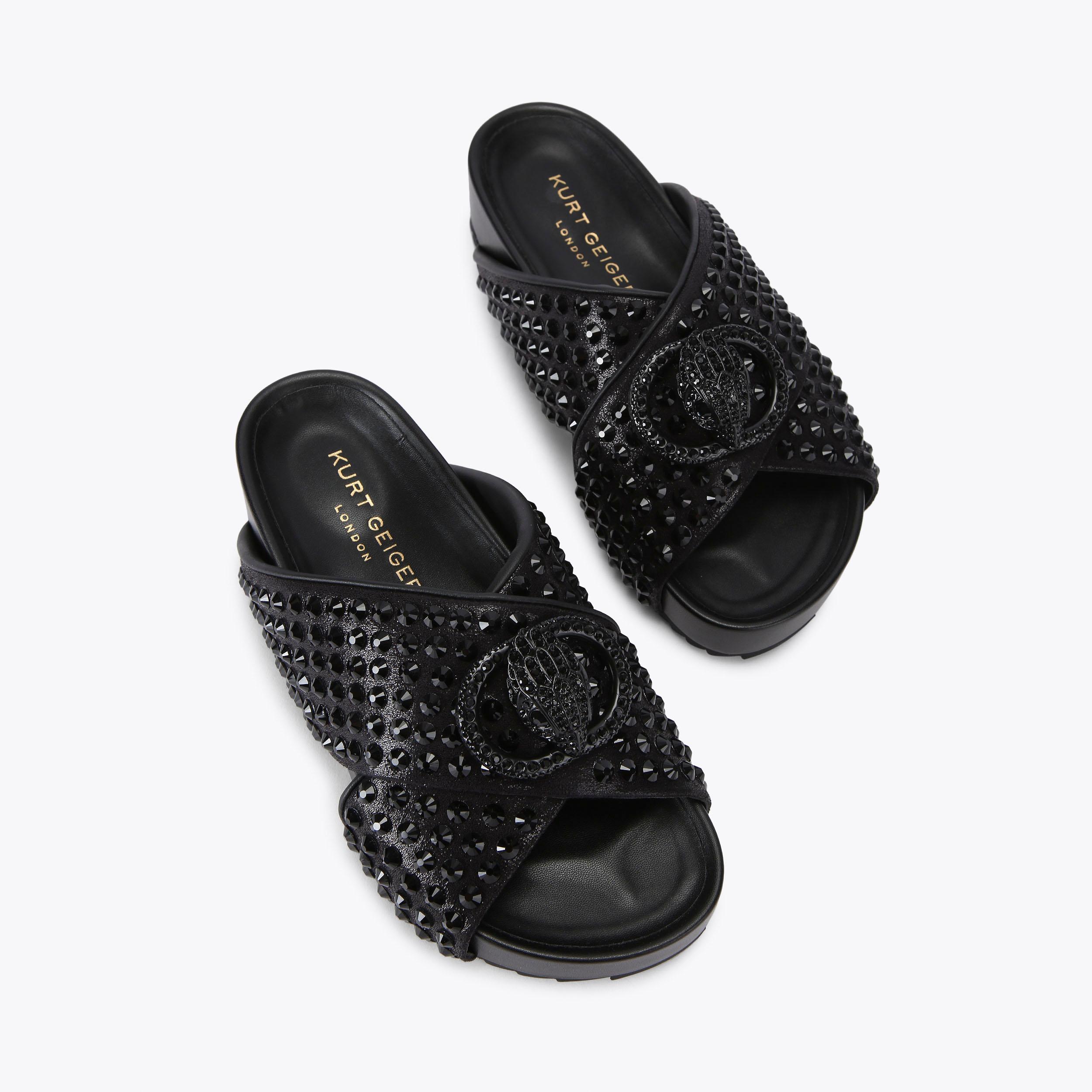 CHELSEA CROSS STRAP DR Black Crystal Slip On Sandals by KURT GEIGER LONDON