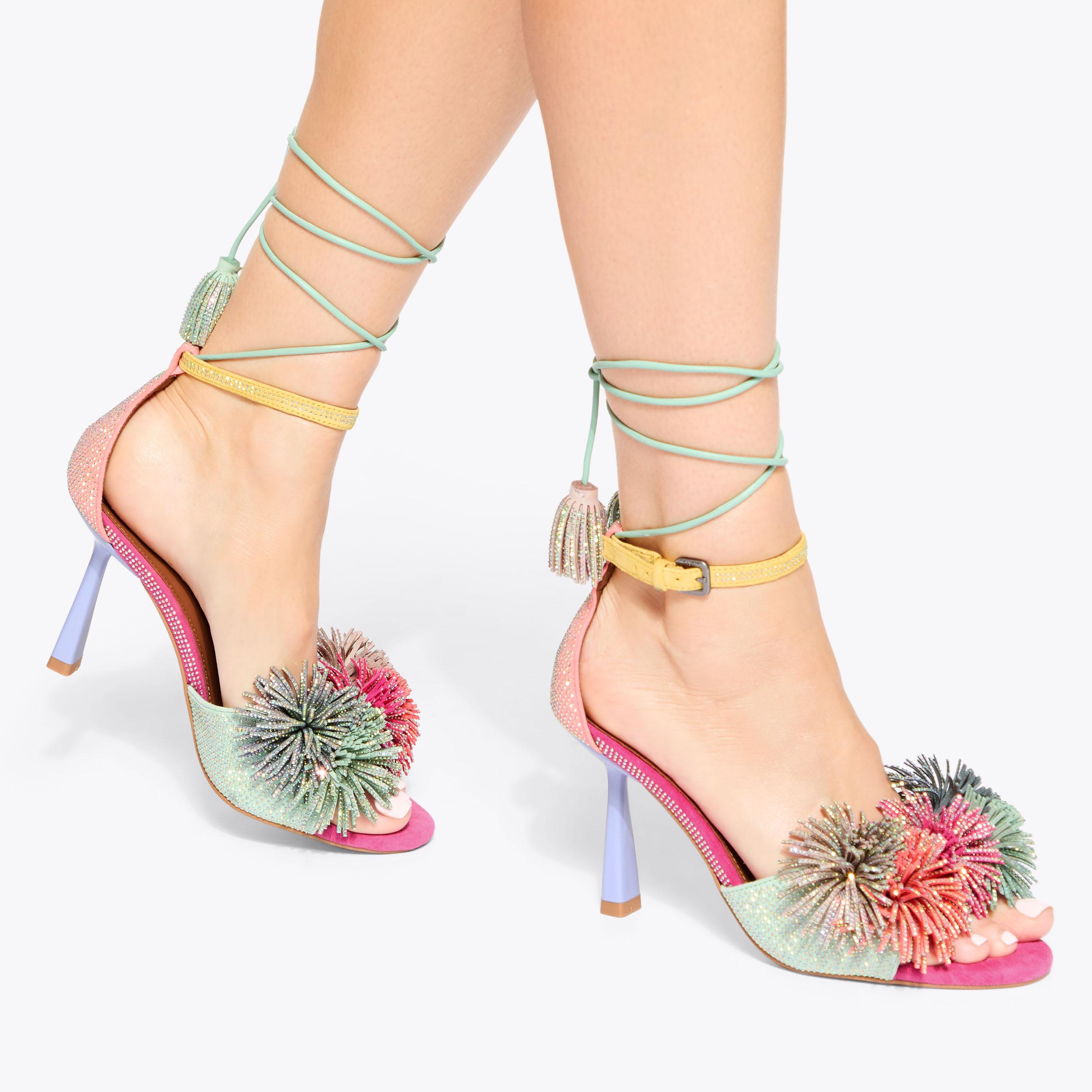 Multi Colored Pom Pom Suede Pointed Toe Heels