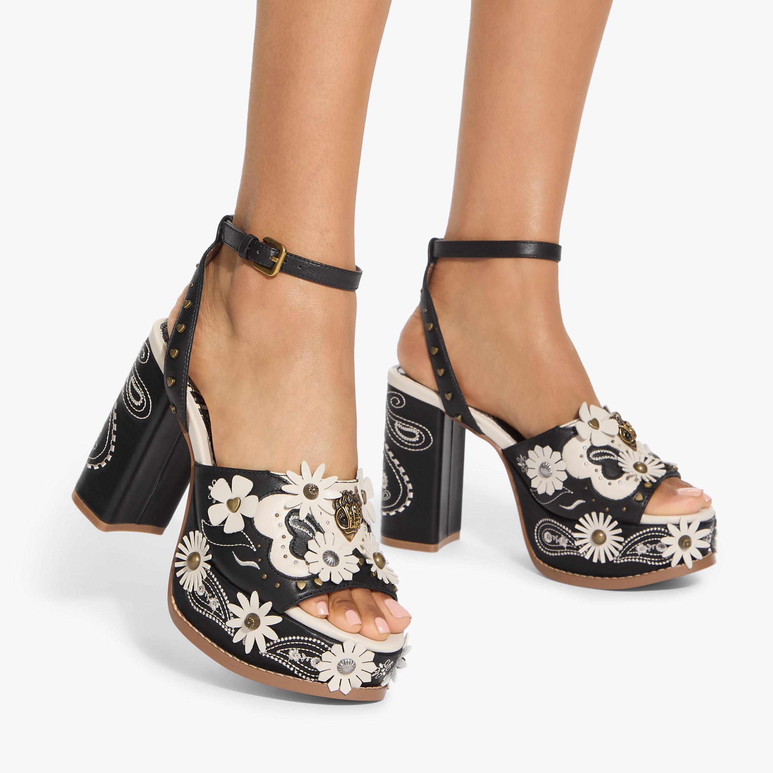 FLOWER WESTERN PLATFORM Black White Embroidered Platform Heel by KURT ...