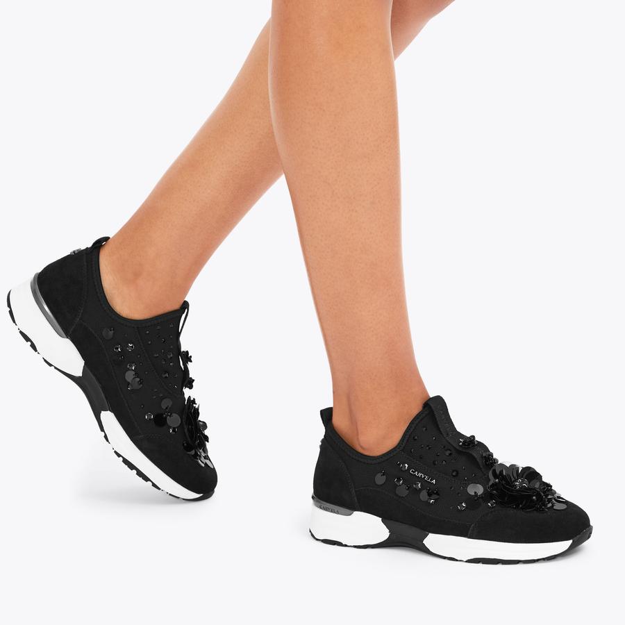 TEMPO FLOWER Black Mesh Fabric Slip On Trainer by CARVELA