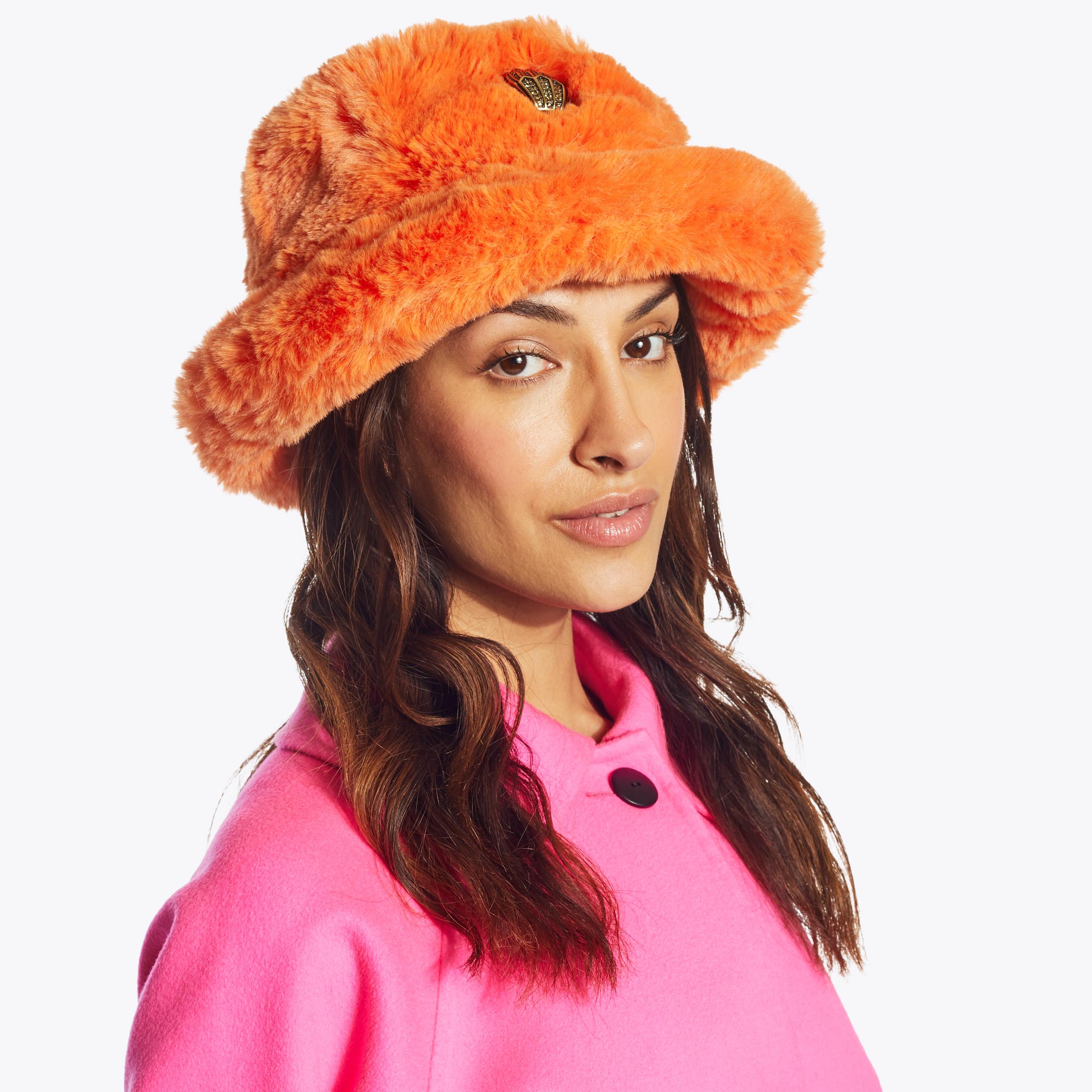 POPPY BUCKET HAT Orange Faux Fur Bucket Hat by KURT GEIGER LONDON